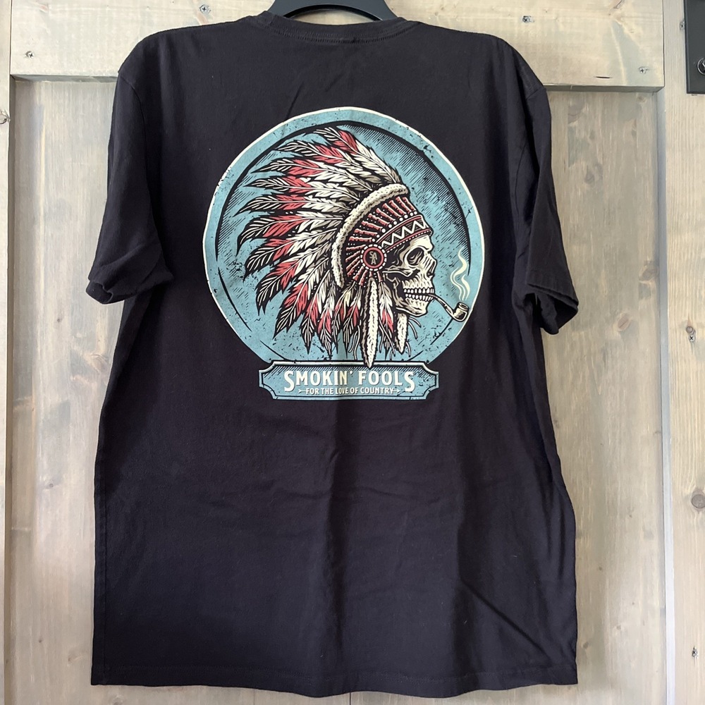 Side Action Apparel Smokin Fools Tshirt Men's Large 100% Cotton Skull War Bonnet